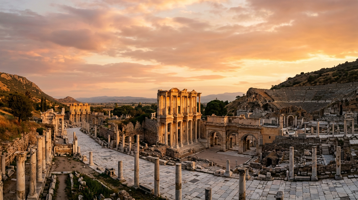 Ruinas de la antigua Éfeso al amanecer, Patrimonio Mundial de la UNESCO