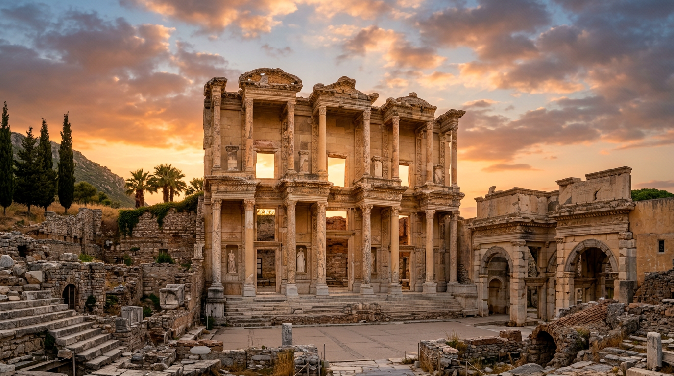 The Library of Celsus at golden hour, ancient Ephesus