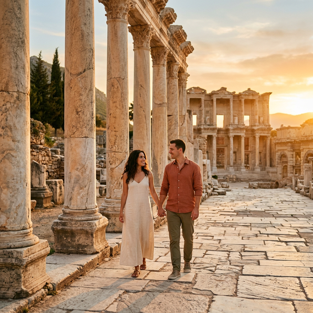 Hand in hand among ancient columns